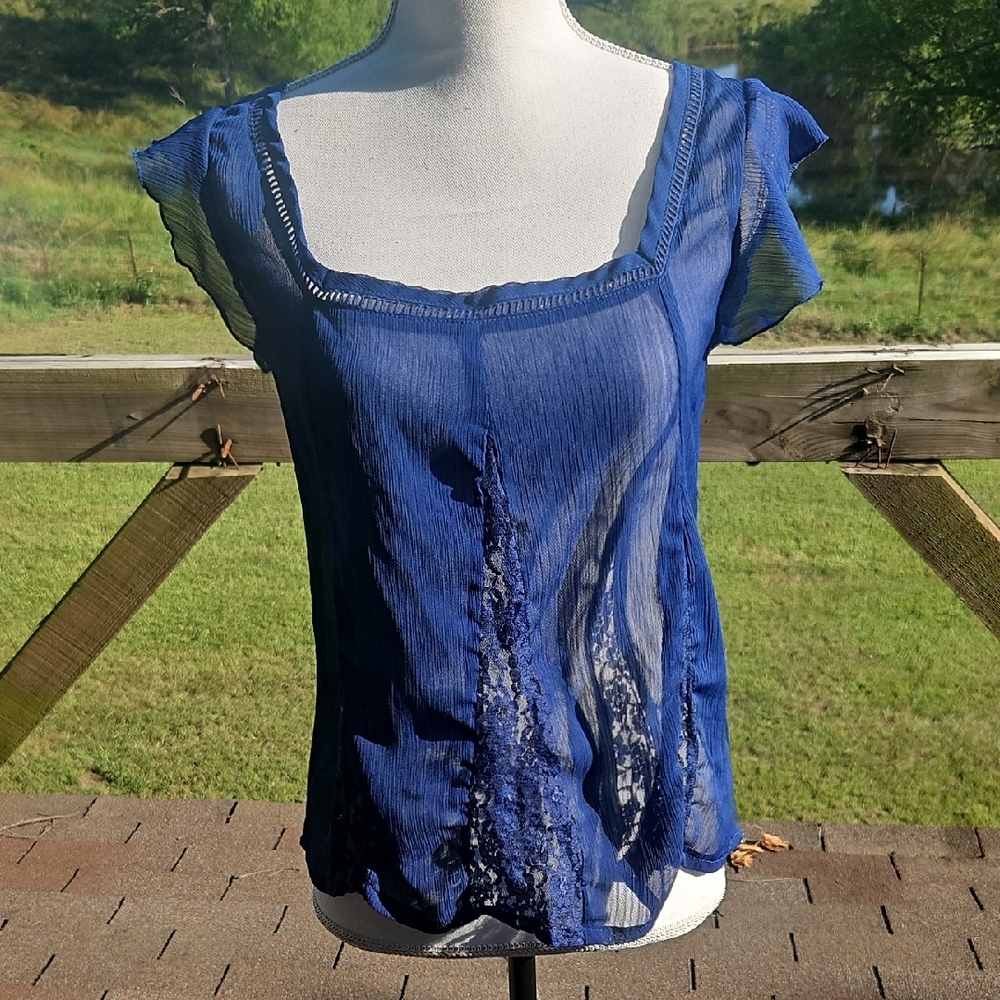 Rue21 Blue Asymmetrical Flutter Sleeve Blouse
